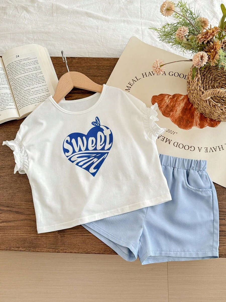 Blossori Young Girl French Letter Print Elegant T-Shirt And Shorts Set, Spring/Summer