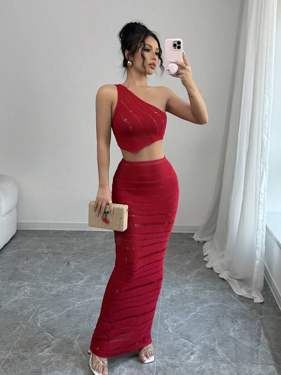 Elenzga 2pcs Women Set: Solid Color Asymmetric Sleeveless Top & Skirt Knitted Sweater