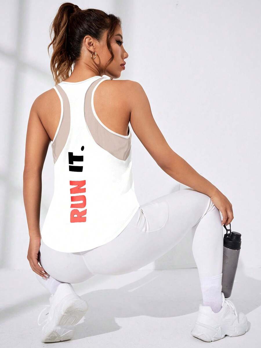 SHEIN Sport Studio Women's Letter Print Mesh Patchwork Casual Fitness Sports Tank Top