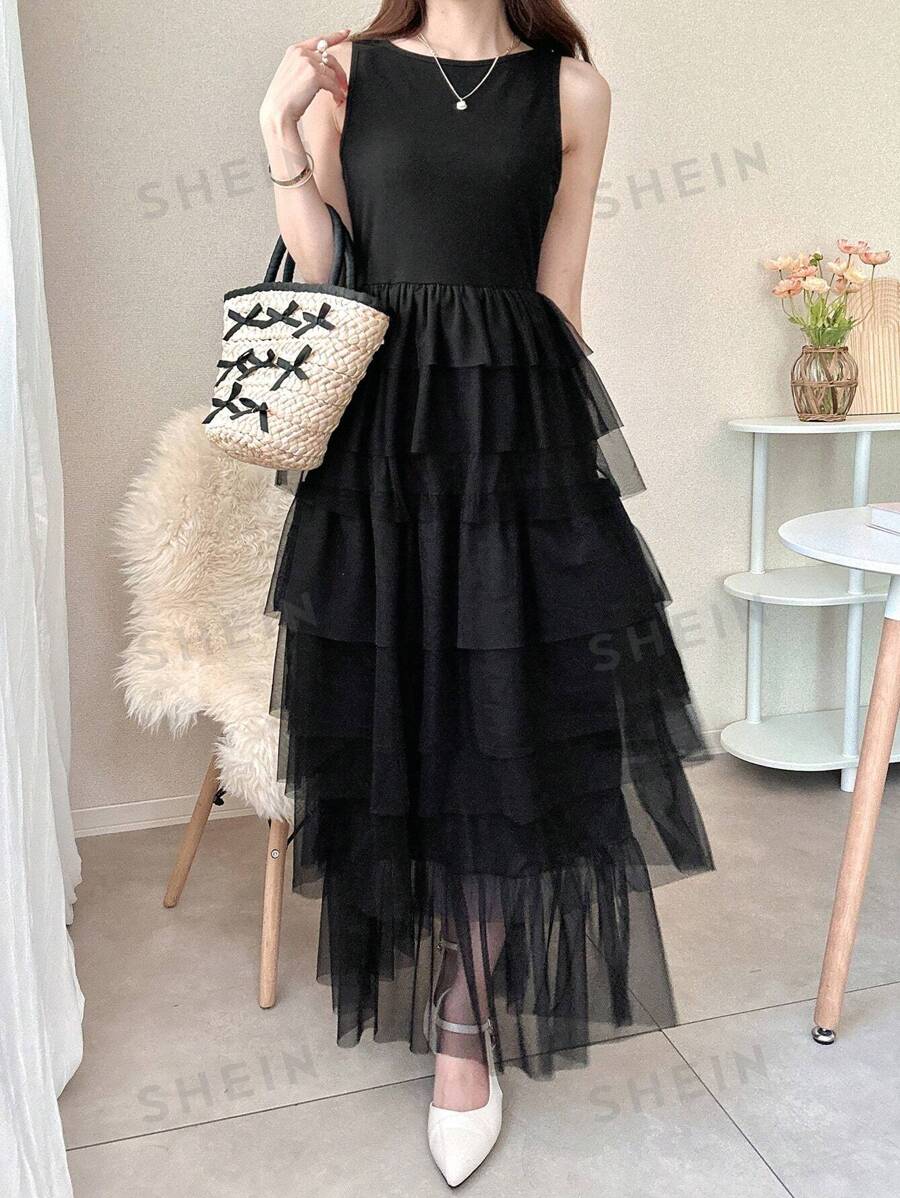 FRIFUL Vestido negro largo y entallado de malla con silueta A, vestido de fiesta, vestido de invitada para bodas, conjunto formal de vacaciones para mujer, vestido de verano elegante