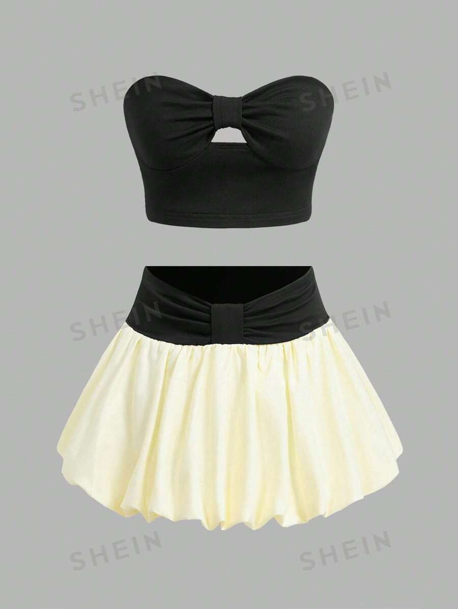 SHEIN ICON Conjunto de 2 piezas de top bandeau acortado de punto y falda mini de cintura alta en unicolor, ideal para conciertos, festivales y uso casual para mujeres