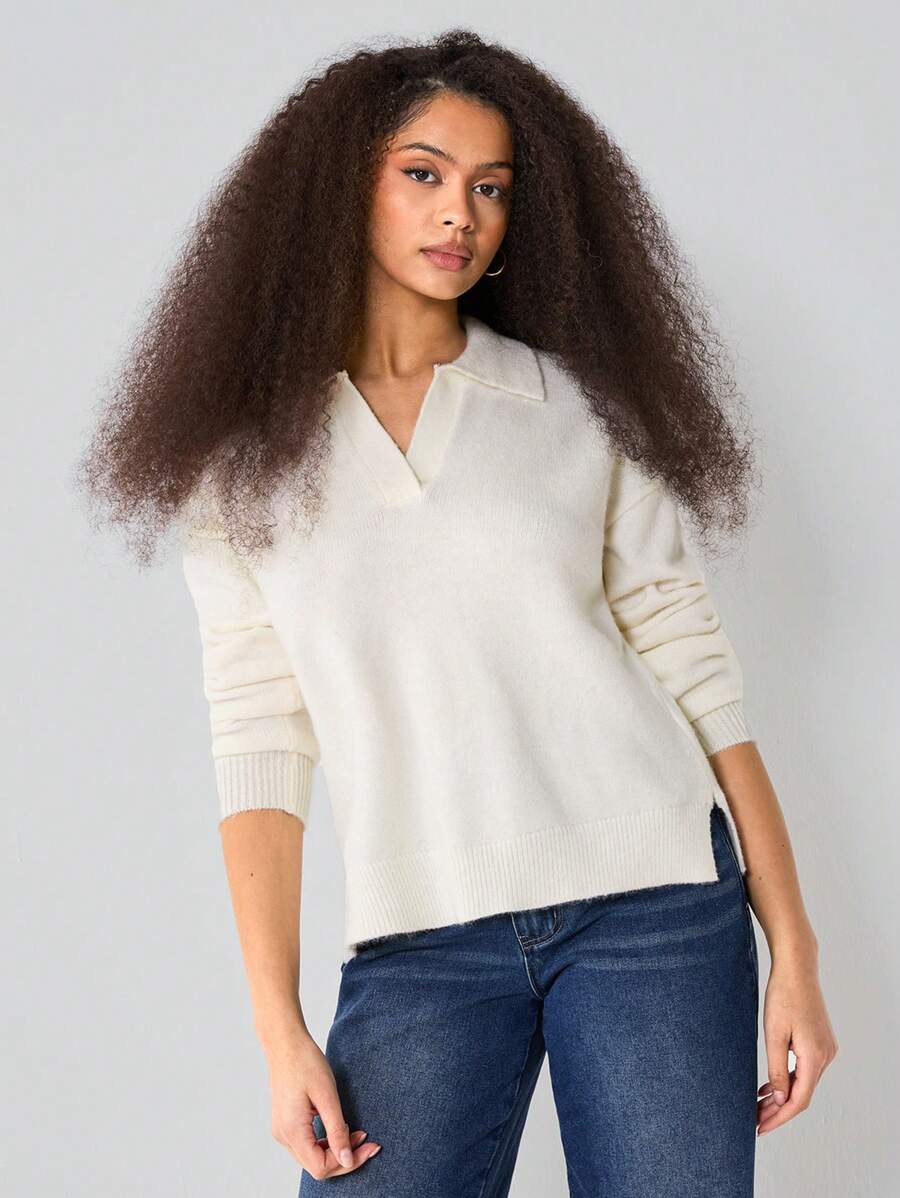 Athîral Suéter minimalista de cuello en V de unicolor y manga larga para mujer, casual para uso diario