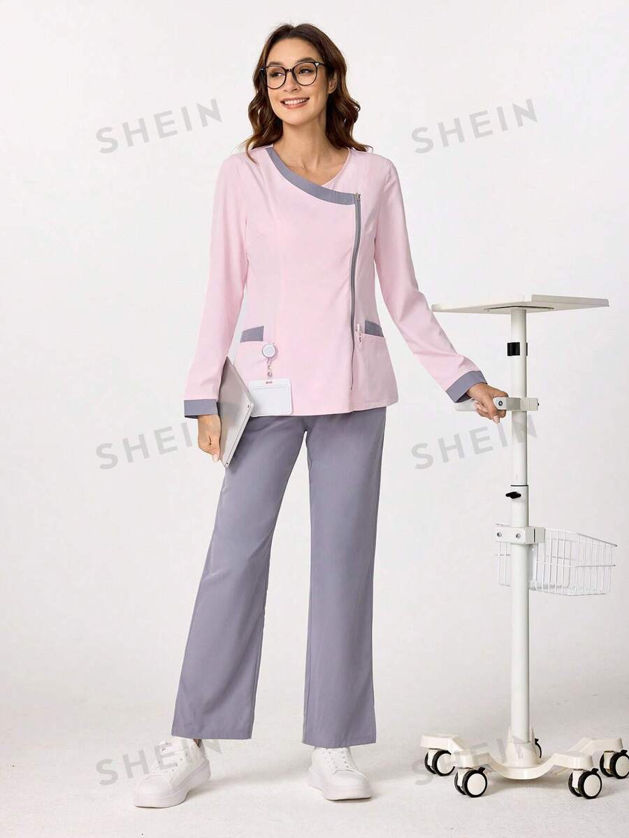 TaskEZ Conjunto de blusa y pantalón de un solo color, estilo minimalista con mangas largas para mujer. Conjunto de uniforme de enfermería con parte superior e inferior, transpirable y con bolsillos. Conjunto de uniforme de enfermería con parte superior con cuello en V y pantalón de pierna recta. Conjunto de uniforme de enfermería con parte superior elástica y pantalón cargo con cordón.