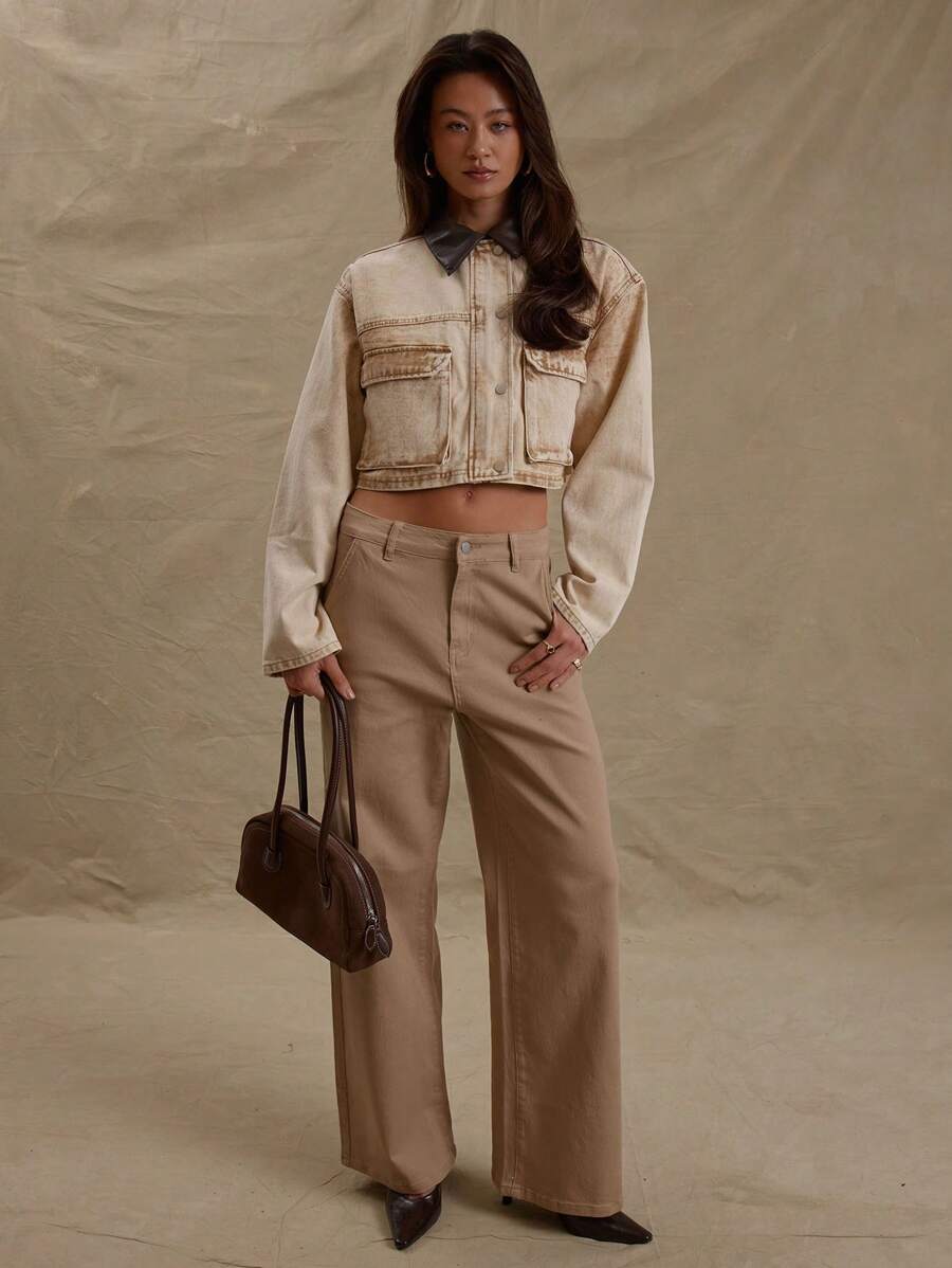 MUSERA Jeans de pierna ancha de tiro bajo con bolsillos y presillas para cinturón, estilo de calle primaveral de los 90