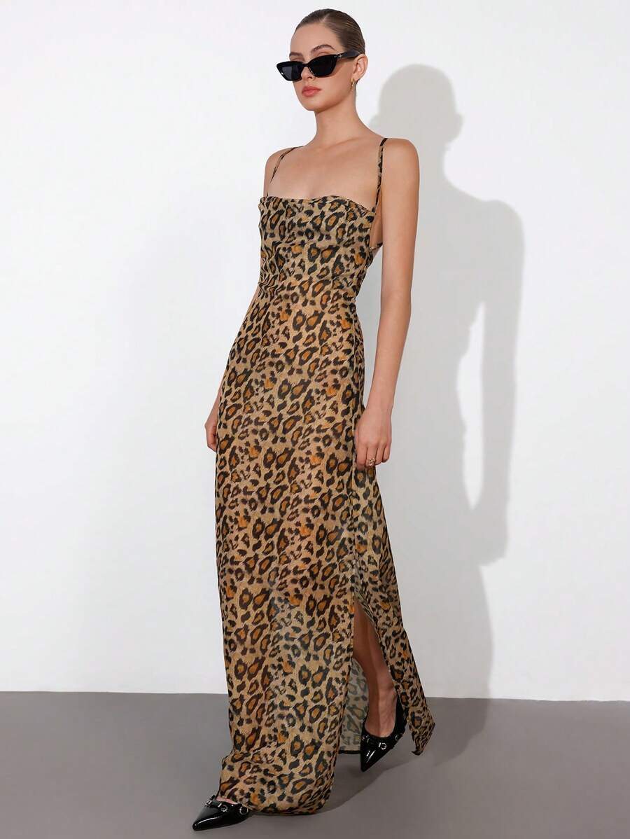 Aveloria Affinna Elegante Sexy Cowl Neck Taille Getailleerde Jurk Met Luipaardprint
