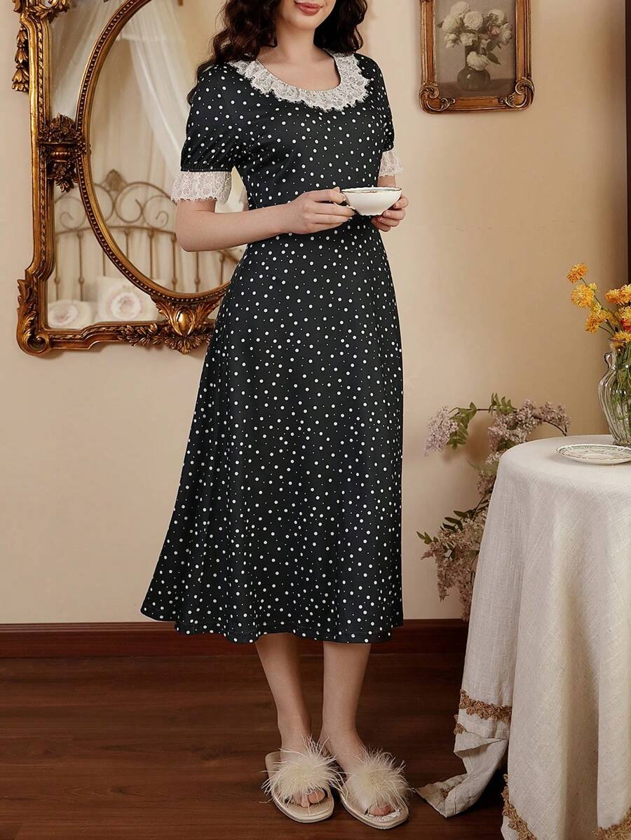 Côtesoire Lace Contrast Polka Dot Women's Round Neck Short Sleeve Elegant Nightgown Babydoll Holiday Season, Vacation
