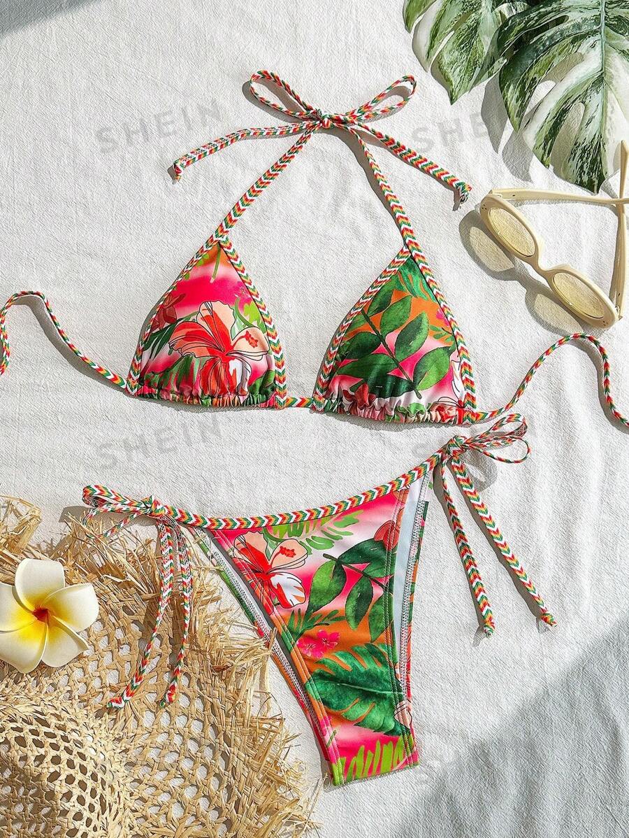 Swim Vcay Conjunto de bikini de 2 piezas con estampado aleatorio de plantas tropicales, con tiras en el cuello y la espalda, para verano y vacaciones en la playa