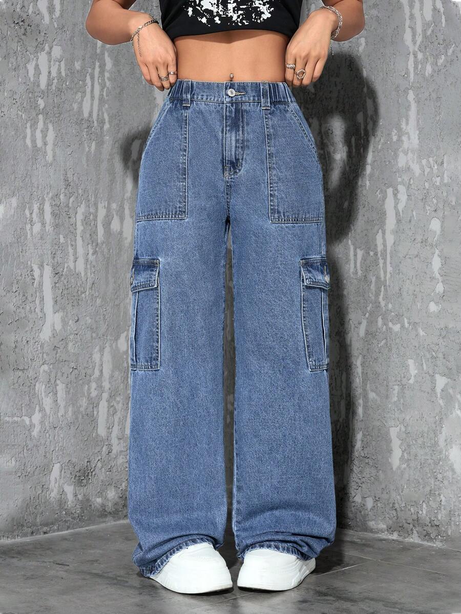 SHEIN PETITE Women's Casual Washed Straight-Leg Cargo Jeans