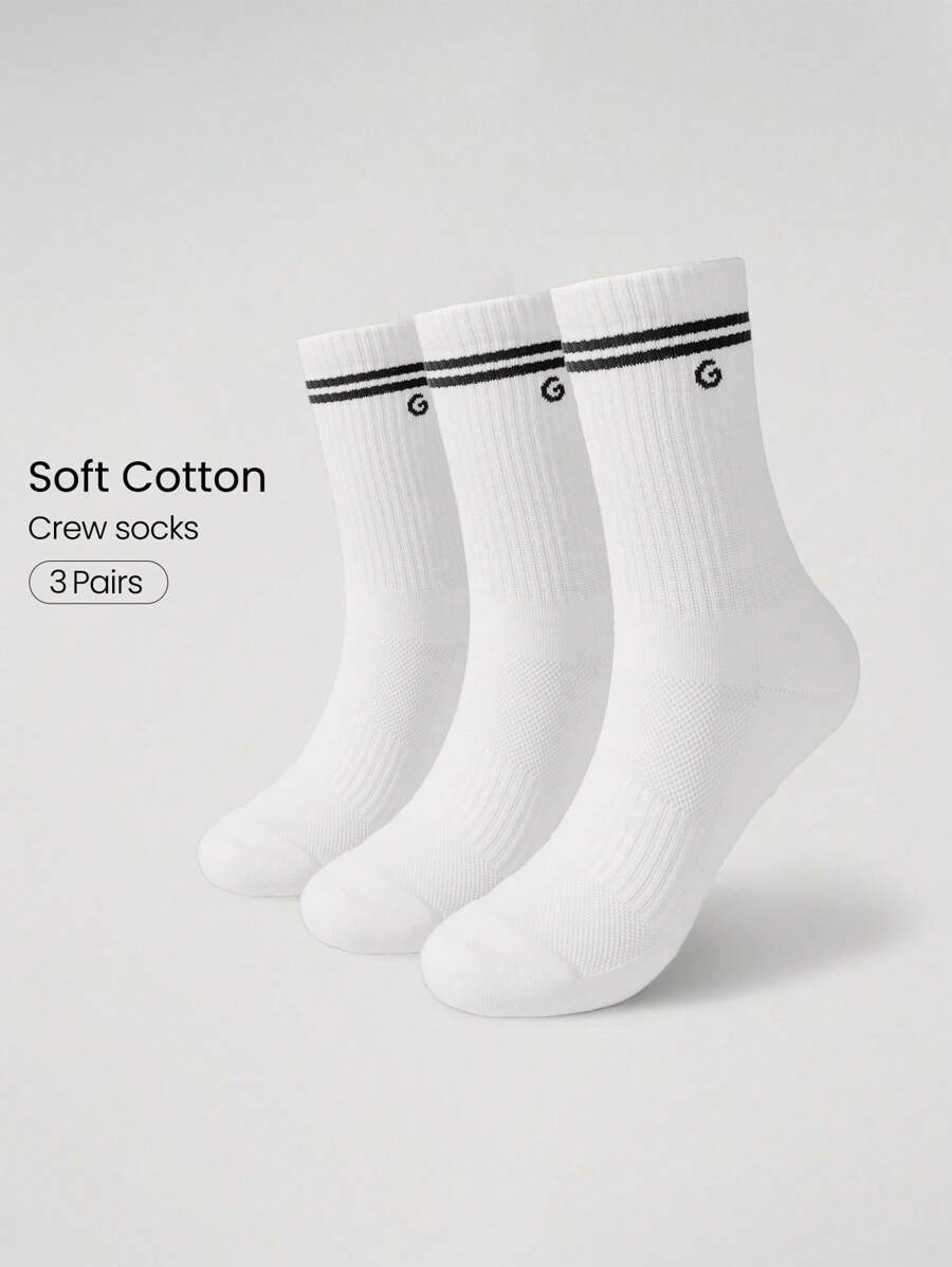 GLOWMODE 3 Pairs Cotton Vintage Striped Socks Soft Ventilated Mesh With Jacquard Logo Gym Workout Daily