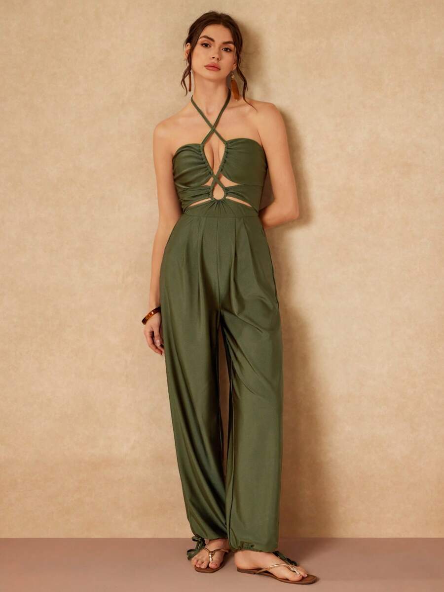 VALERIA GÓMEZ Mono suelto de viscosa en verde sólido con cortes, nudo en el cuello, espalda descubierta y bajo ajustable, diseño de estilo bohemio para primavera verano, vacaciones, playa, crucero, festivales, estilo Ibiza