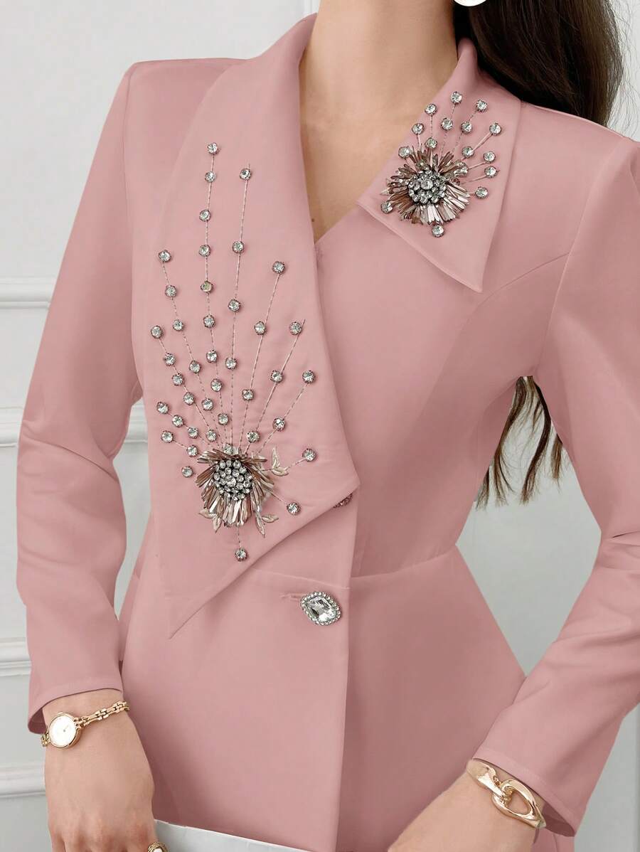 Modelyn Women Elegant Asymmetric Collar Rhinestone Decor Blazer Jacket