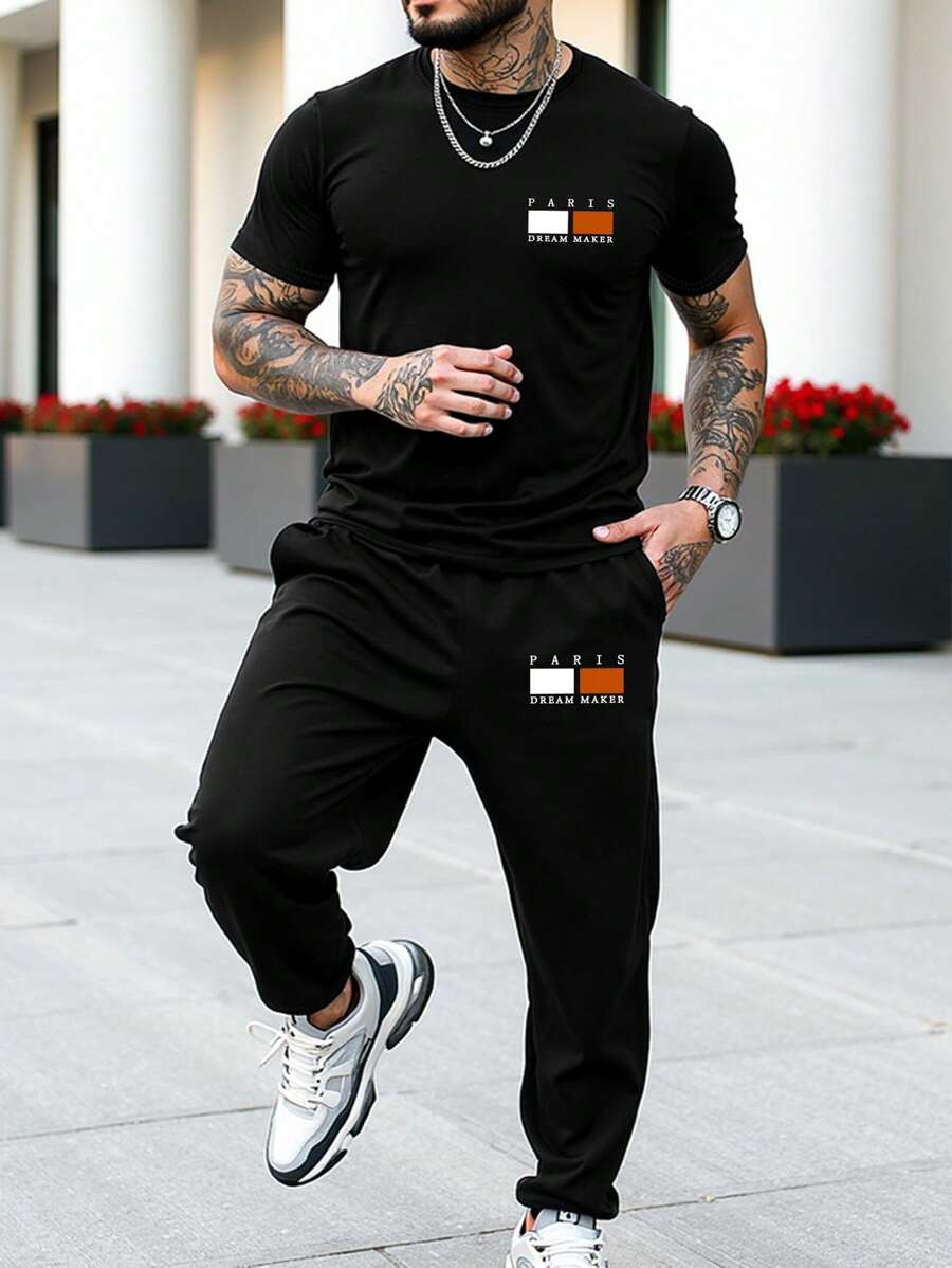 Manfinity Homme 2pcs/Set Men Plus Size T-Shirt And Drawstring Waist Jogger Pants, Black Short Sleeve Tee With Simple Logo Print, Casual Versatile Outfit, Spring/Summer