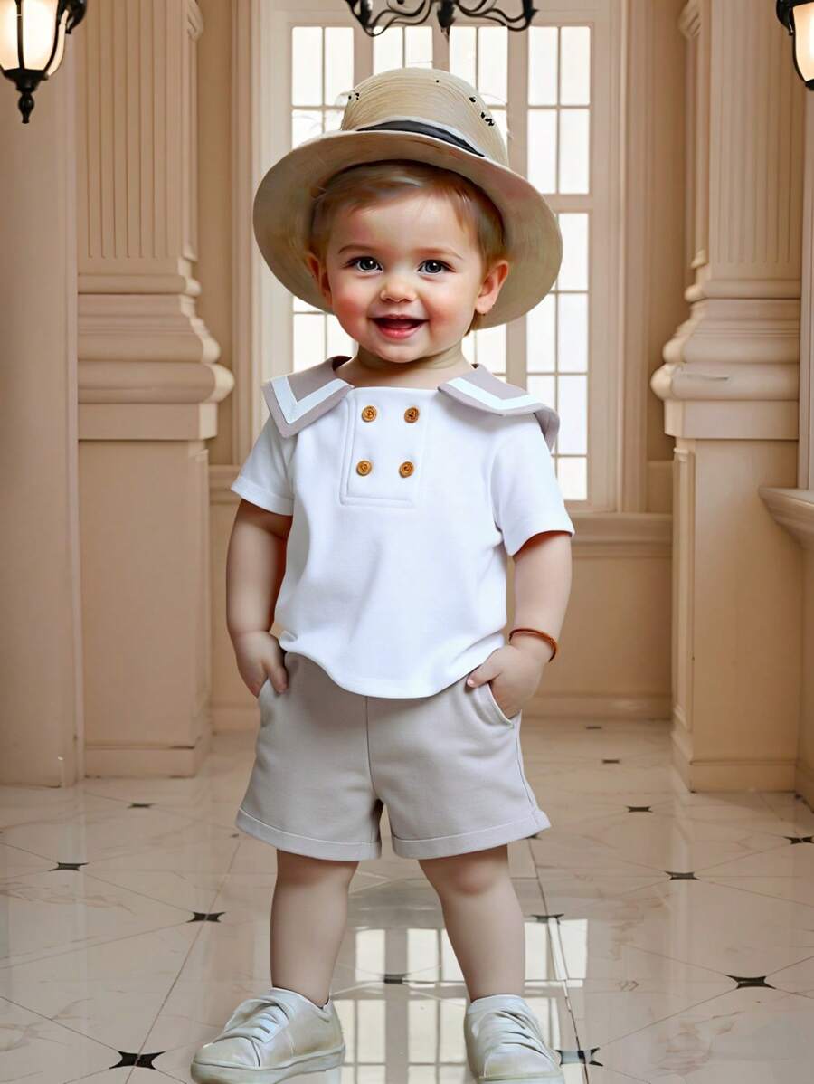 2pcs Baby Boy/Girl Cute Summer Casual Holiday Navy Collar Contrast Color Short Sleeve Shirt And Elastic Waist Shorts Set, Suitable For Birthday Party, Evening Party, Performance, Wedding, Baby Shower, One-Year-Old Celebration