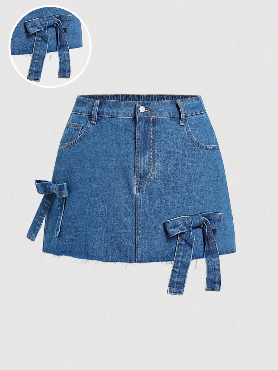 SHEIN MOD Plus Size Blue Denim Skirt Sweet Bow Skirt Elastic Waistband Spring Skirt