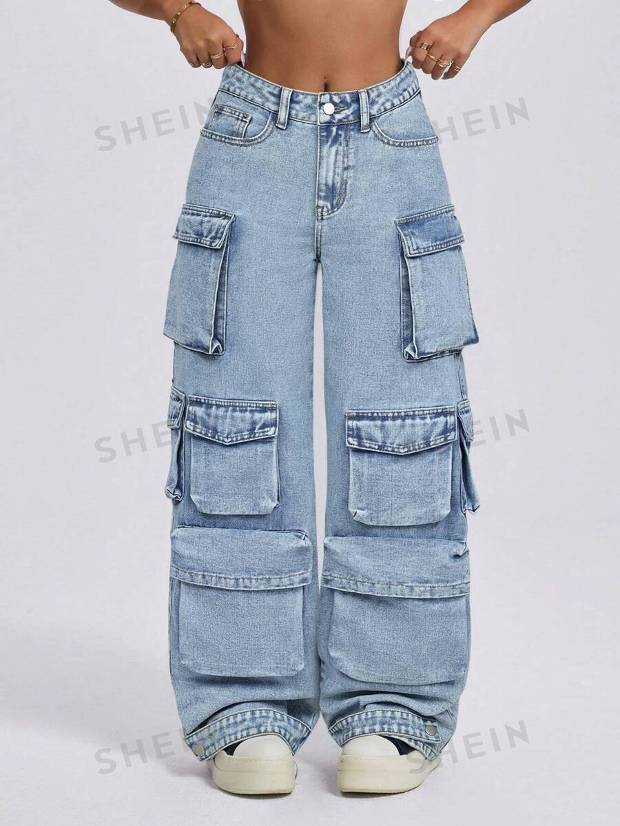 SHEIN ICON Jeans holgados de pierna ancha de mezclilla con bolsillos múltiples para mujer, de estilo minimalista para uso diario, con talle bajo y pierna recta estilo grunge