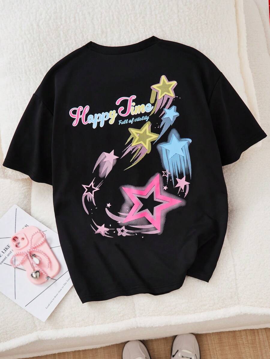 Casual Fashion Stylish Minimalist Versatile Allover Star Print Girls Crew Neck T-Shirt