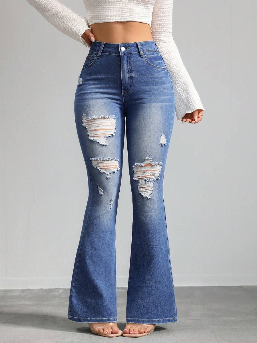 SHEIN Tall Pantalones vaqueros skinny elásticos rasgados acampanados para mujer, pantalones acampanados de cintura alta azules, pantalones vaqueros acampanados, jeggings acampanados, leggings acampanados para mujeres altas