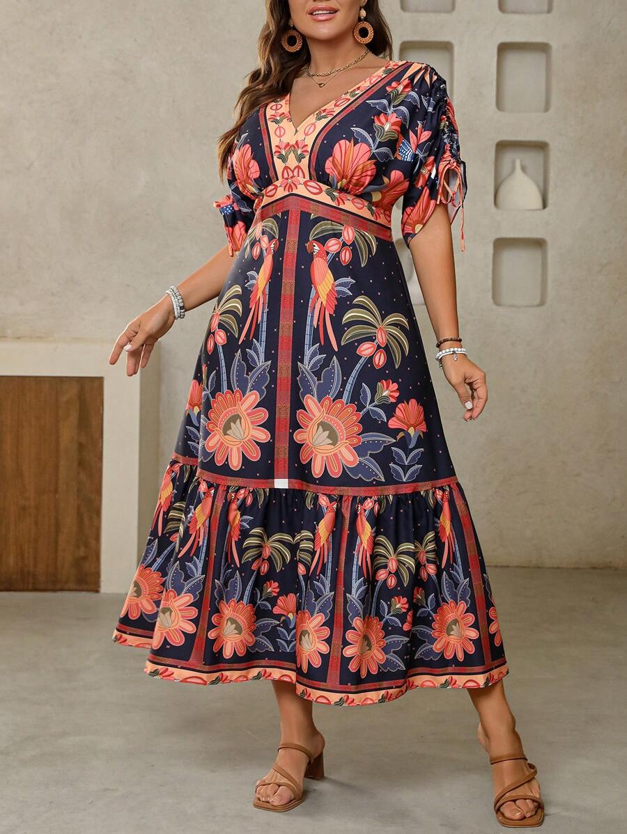 Breezaya Plus Size Women Valentine's Day Woven Floral Print V-Neck Tied Waist Short Sleeve Casual Dress, Cooling Dress, Stress Relief Outfit, Evening Long Gown, Elegant Fashion Women Loungewear, Summer Outfits For Women, St. Patrick's Day Rave Outfits, Festival Spring Break Outfits, Boho