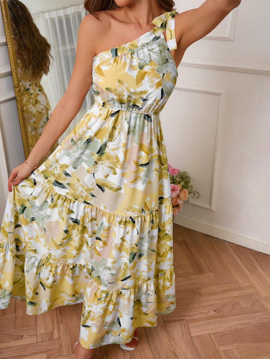 SHEIN VCAY Vestido largo de mujer con cuello de hombro, lazo y estampado romántico para vacaciones de verano, ideal para fiestas, bodas, festivales de música, citas, fiesta con amigos o para la oficina