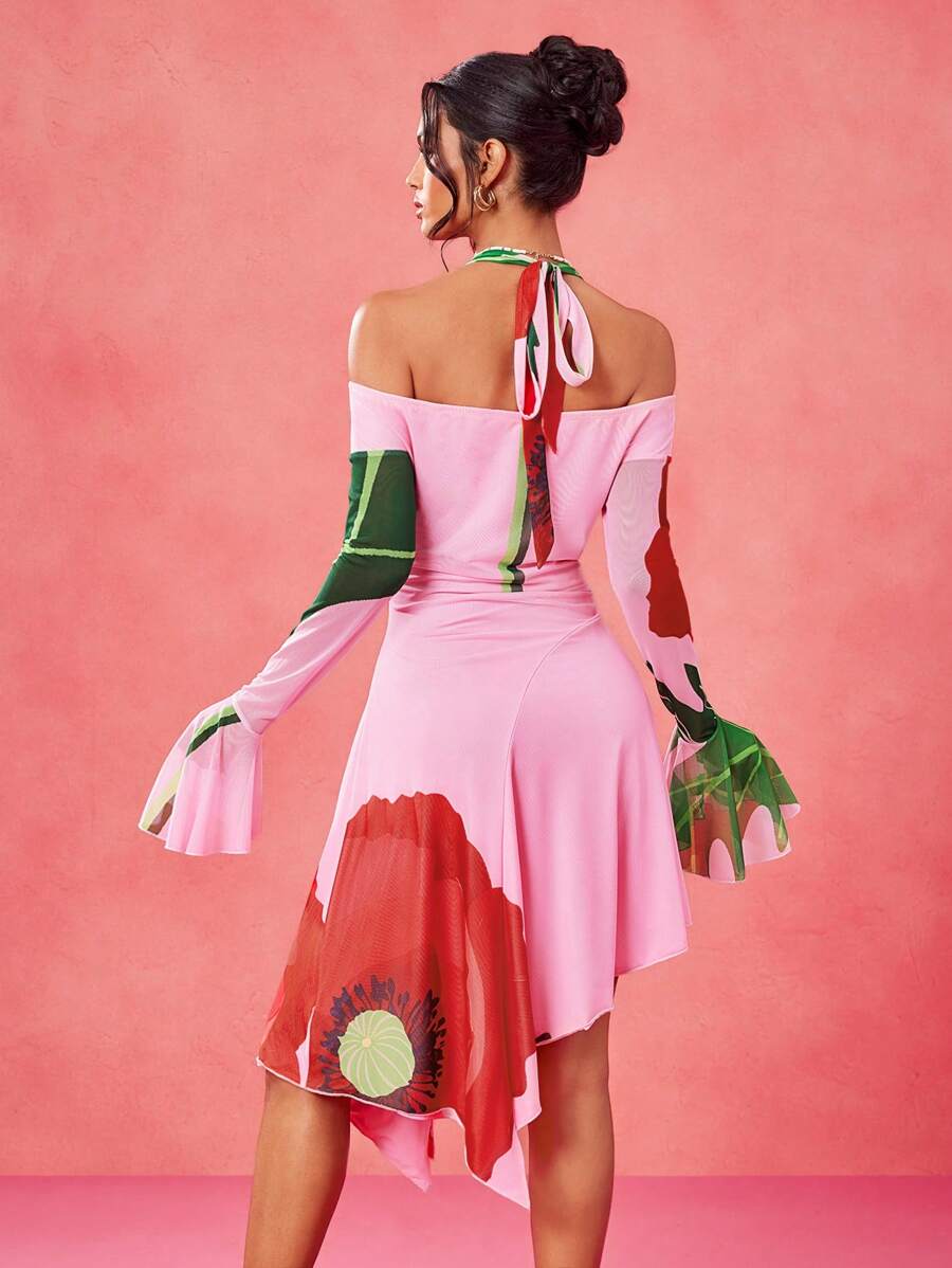 BELANGE HANDMADE Designer Pink Floral Halter Tie Neck Long Flared Sleeve Asymmetrical Hem Valentine's Day Dating Dress, Festival, Concert Outfit Spring Dresses For Women Festival Outfits For Women Cocktail Dresses Women Spring Dress Party Dresses For Women Cocktail Dresses, Rave, Pastel, Prom Dress