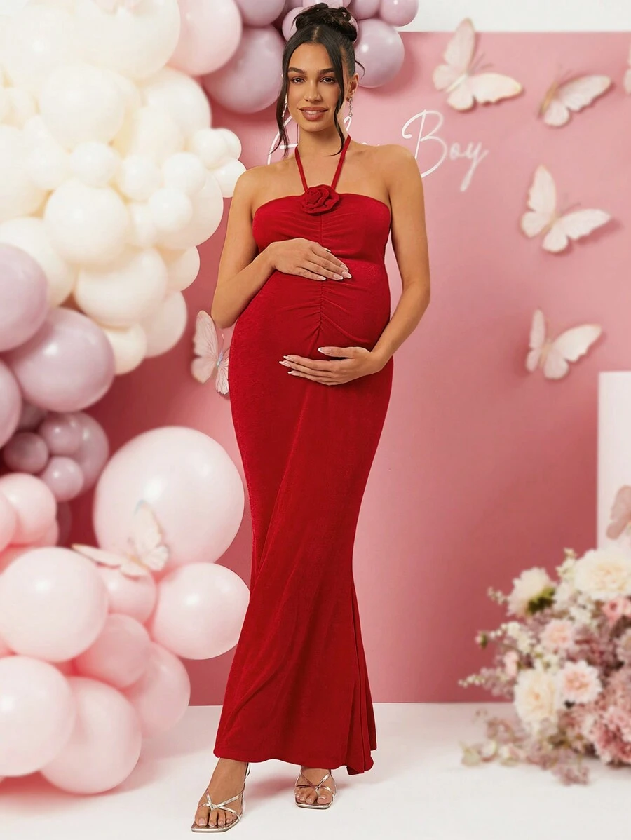Loomaby Pregnant Women 3D Flower Red Maternity Dress, For Baby Shower Party, Valentine's Day