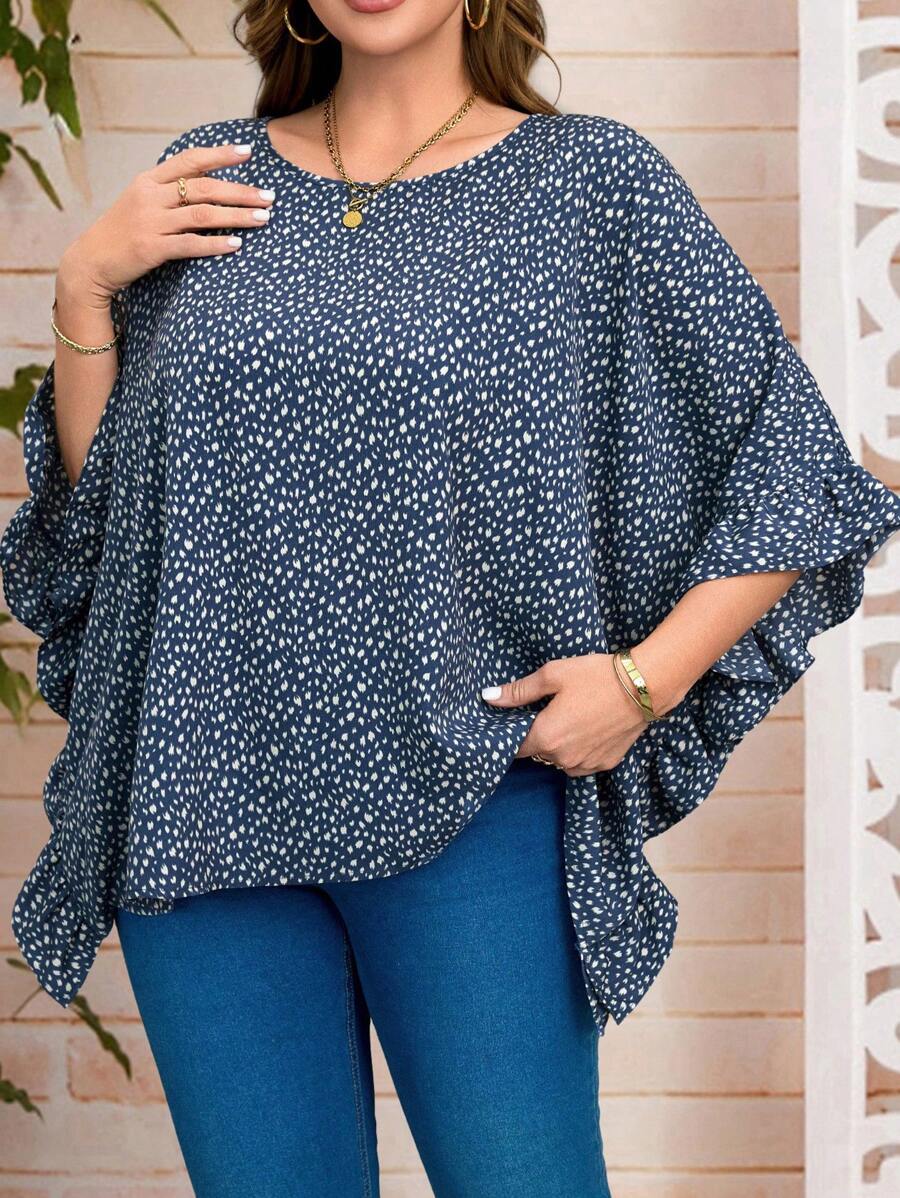 EMERY ROSE Camisa casual holgada con mangas acampanadas y estampado todo sobre para mujeres de talla grande en vacaciones