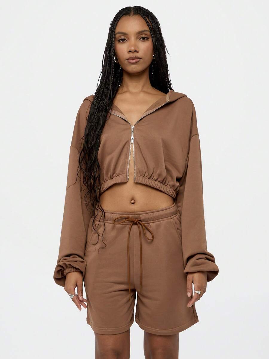 SUMWON WOMEN Cropped Zip-Up Hoodie With Elastic Hem Athleisure Workout Sports Casual Lounge Wear Spring Summer Streetwear Fashion Hooded Sweatshirt