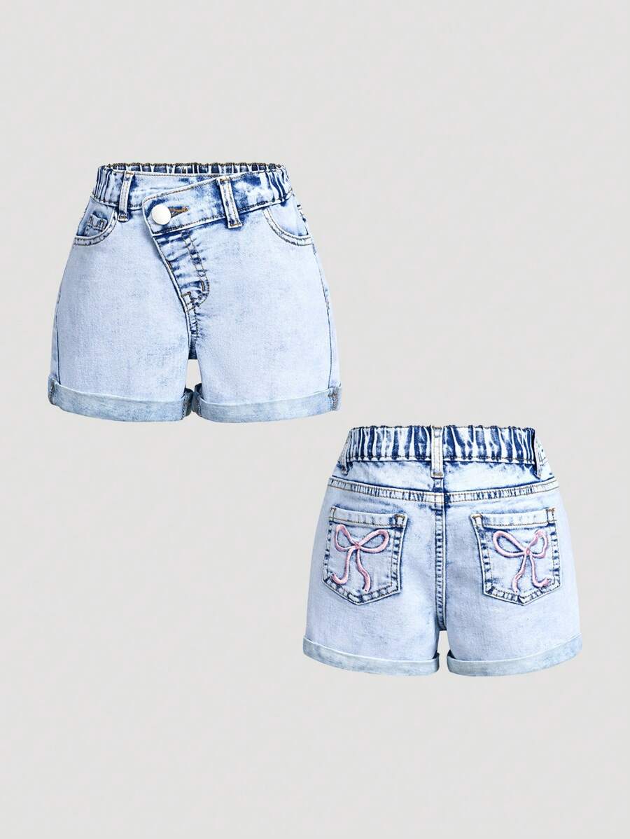 Nuevos shorts vaqueros de verano para niñas con bordado de mariposa, desgastado en la cintura y bolsillos, color azul claro
