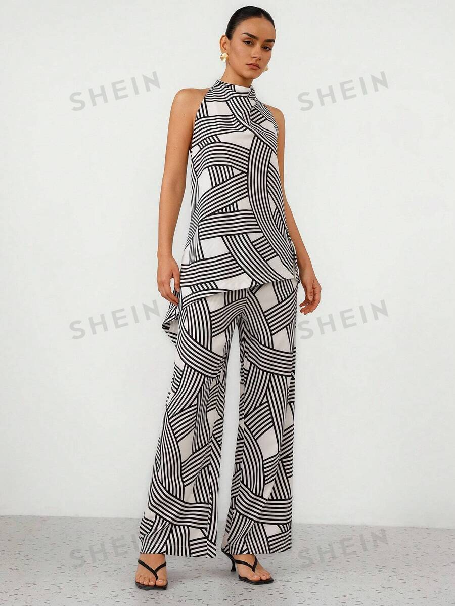Aveloria Modichic Set de 2 piezas con top sin mangas de cuello alto impreso y pantalones con cordón, estilo minimalista para mujer