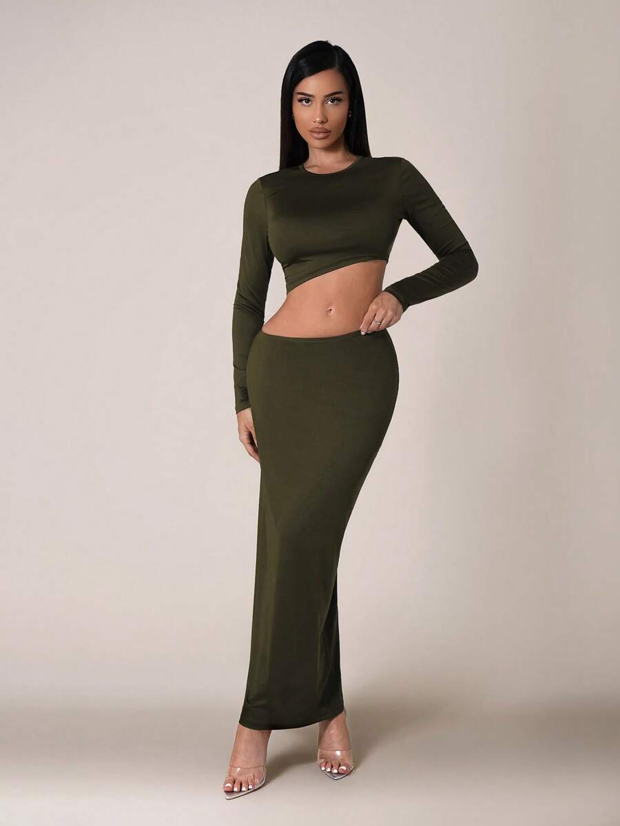 Zolique 2-delige set dames effen kleur ronde hals lange mouw minimalistische top en rok