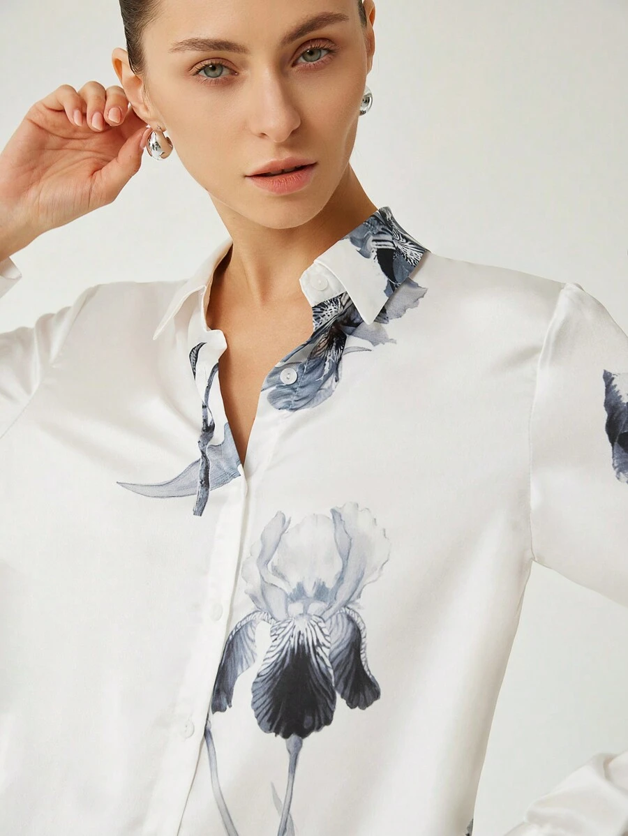 Aveloria Modichic Bloemenprint overhemd met knopen aan de voorkant, elegante dames overhemd met lange mouwen, kraag, normale pasvorm, veelkleurige overhemden met normale mouwen, damesblouses, lente/herfst, professionele/zakelijke kleding/werkkleding