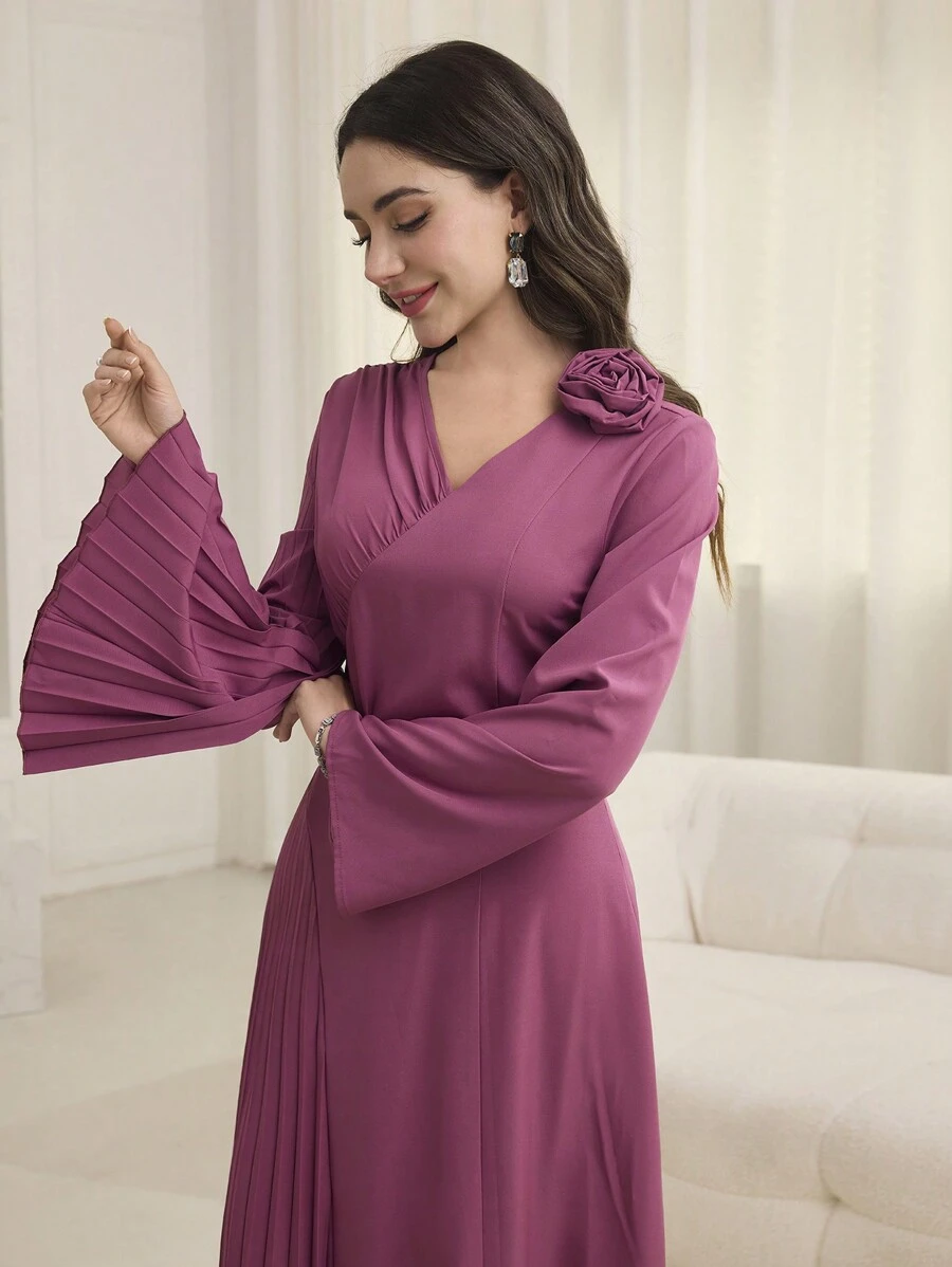 Modelyn Women's V-Neck Pleated Patchwork A-Line Dress, Elegant Style Suitable For Spring & Summer