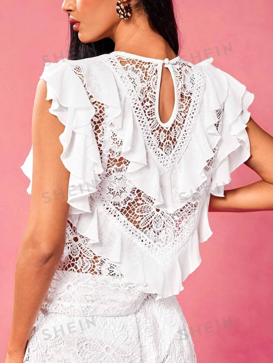 VERO DIAZ Blusa elegante con volantes de encaje y gasa blanca en estilo bohemio y de diseñador para primavera y verano, ideal para vacaciones, crucero, salir, festival, Ibiza