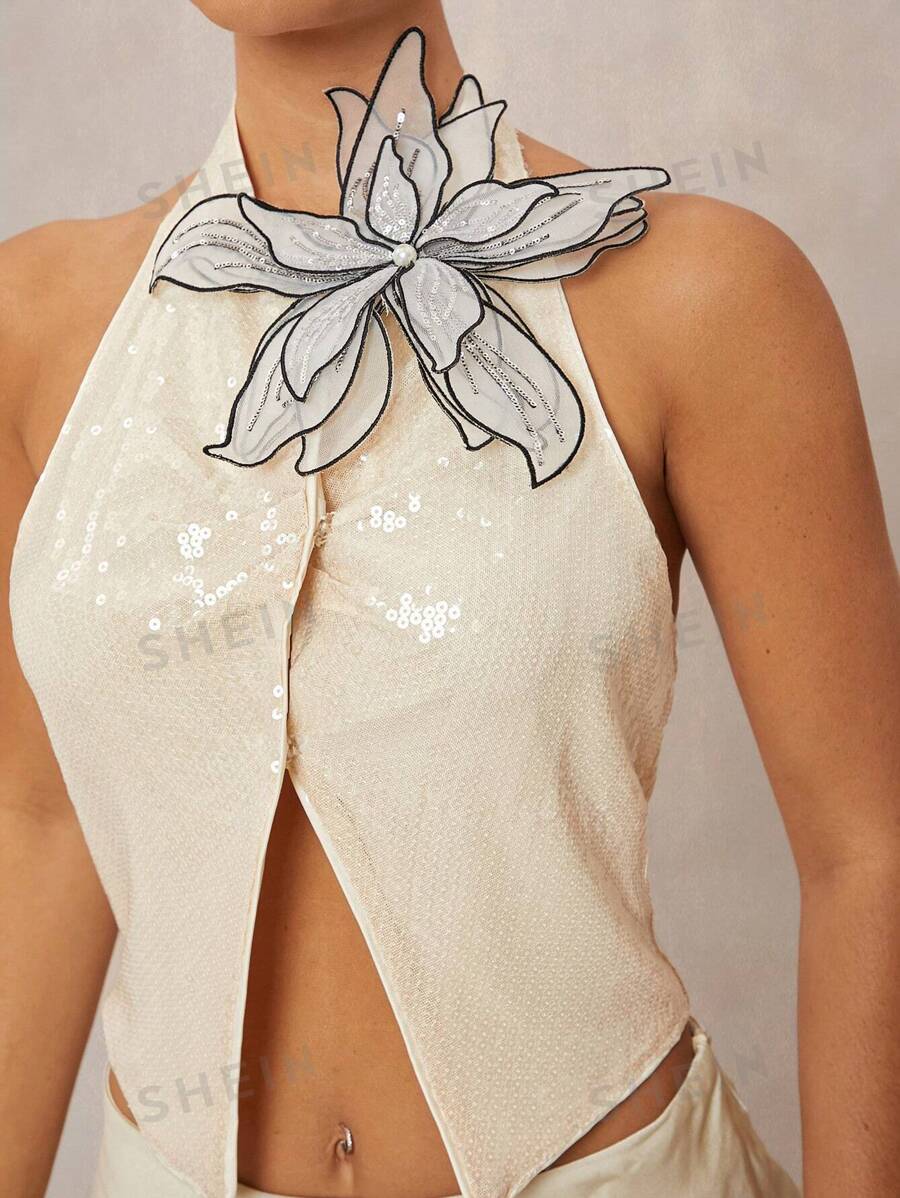 Lumalex Top sin espalda con cuello de halter, decoración floral 3D con lentejuelas para fiestas de lujo/festival de primavera