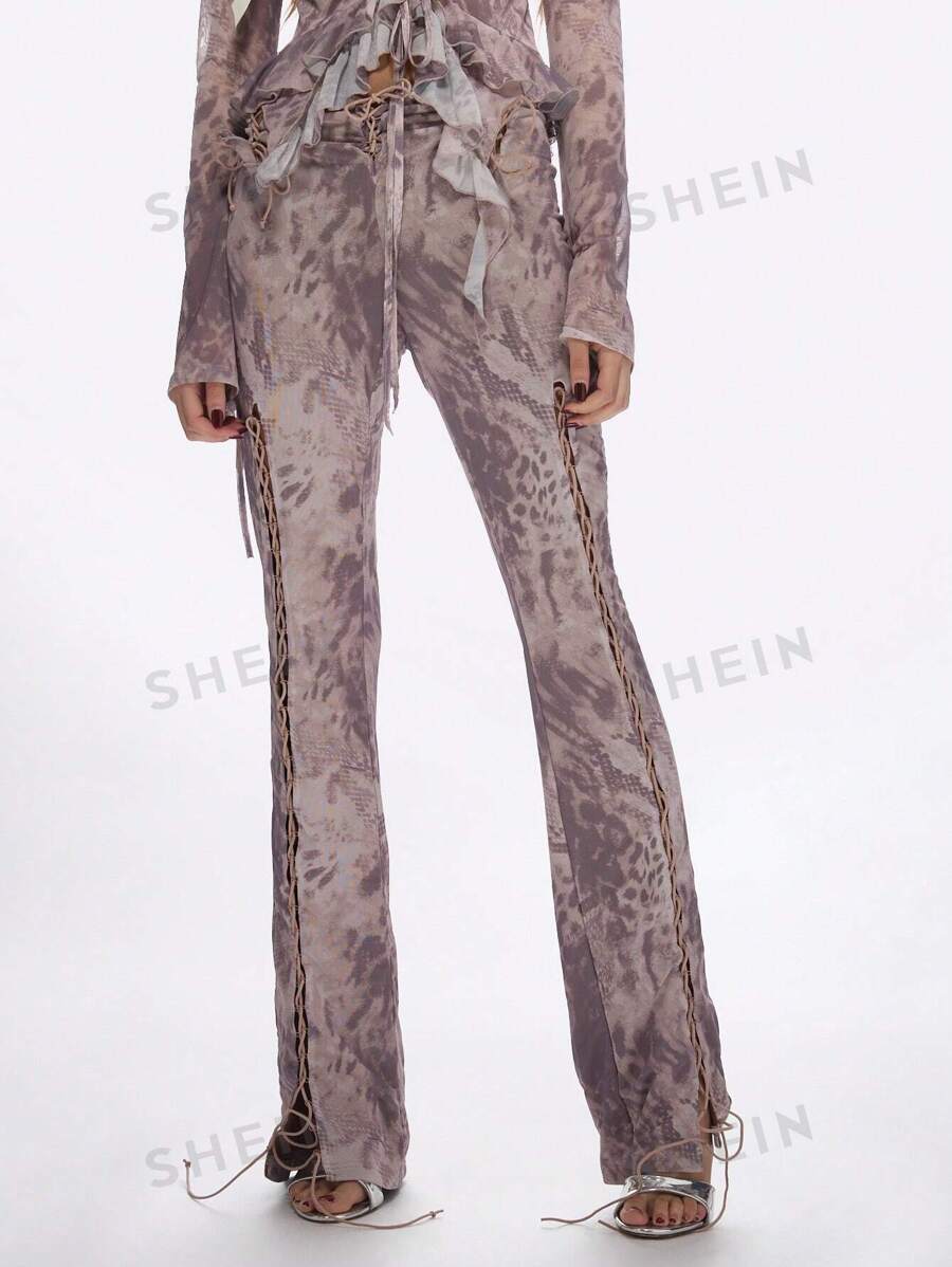 MISSGUIDED Pantalones de campana con estampado de estilo Y2K, de malla con detalle de cordón y volante, ideales para fiestas nocturnas, baile y clubes