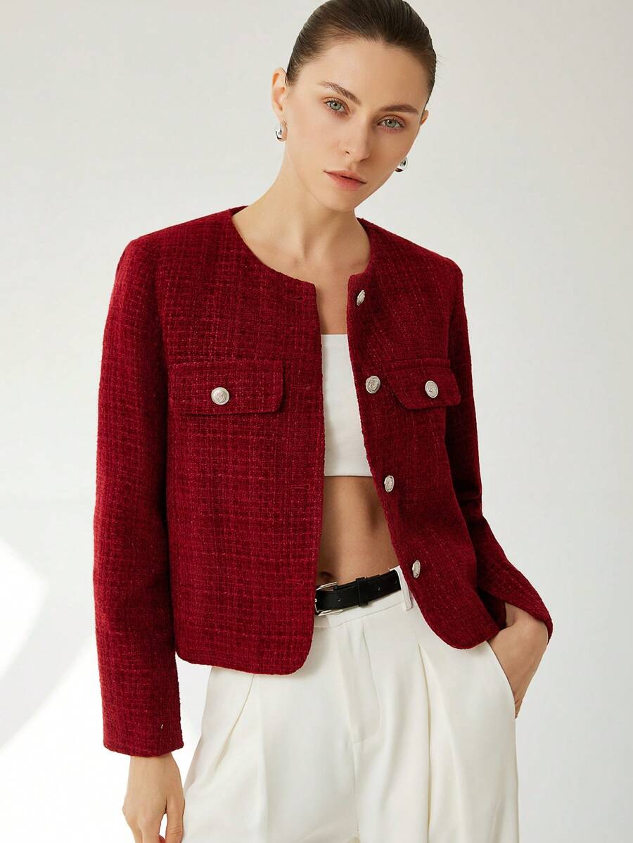 Aveloria Modichic Elegant French Tweed Round Neck Metal Button Front Pocket Peplum Women Short Sleeve Jacket
