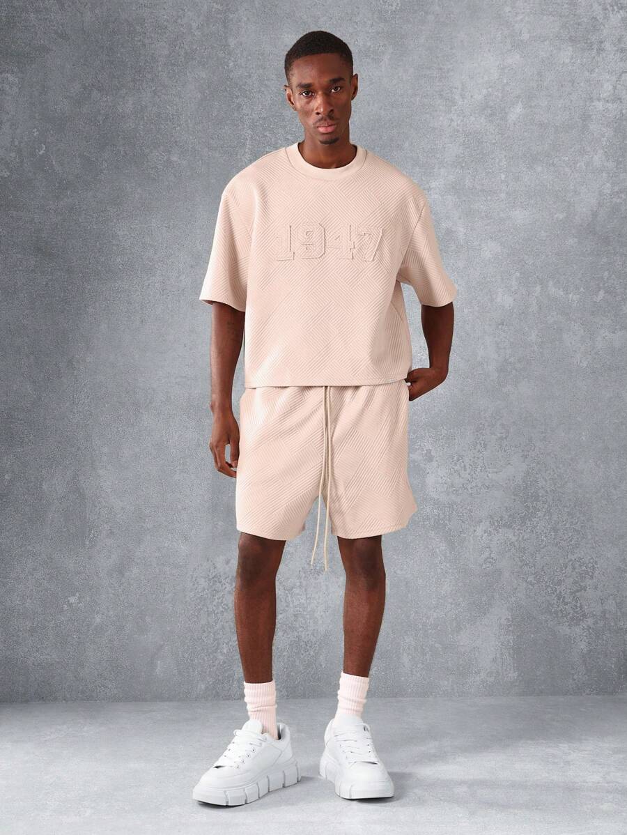 SUMWON Conjunto deportivo co-ord con camiseta corta oversize a juego con pantalones cortos de tiro caído con textura estriada, ropa informal, entrenamiento, urban streetwear, conjunto casual de verano