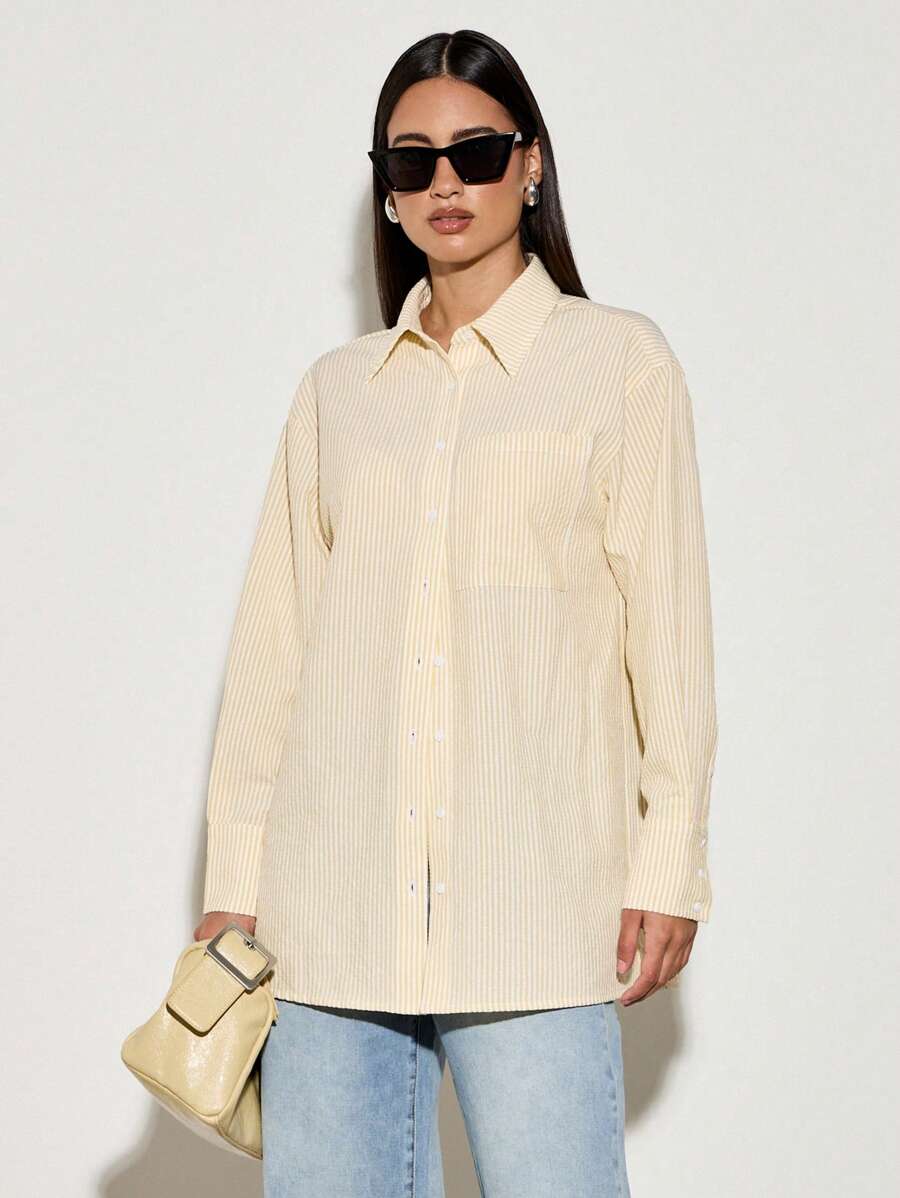 AiiRZ Oversized Seersucker Button Down Shirt Casual Loose Fit Long Sleeve Collared Blouse Classic Office Work Professional Light Weight Spring Summer
