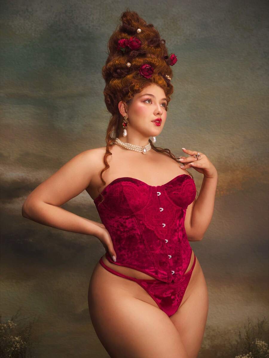 PinupGlam 1pc Plus Size Vintage Sexy Velvet Contrast Lace Bra, Retro Lingerie