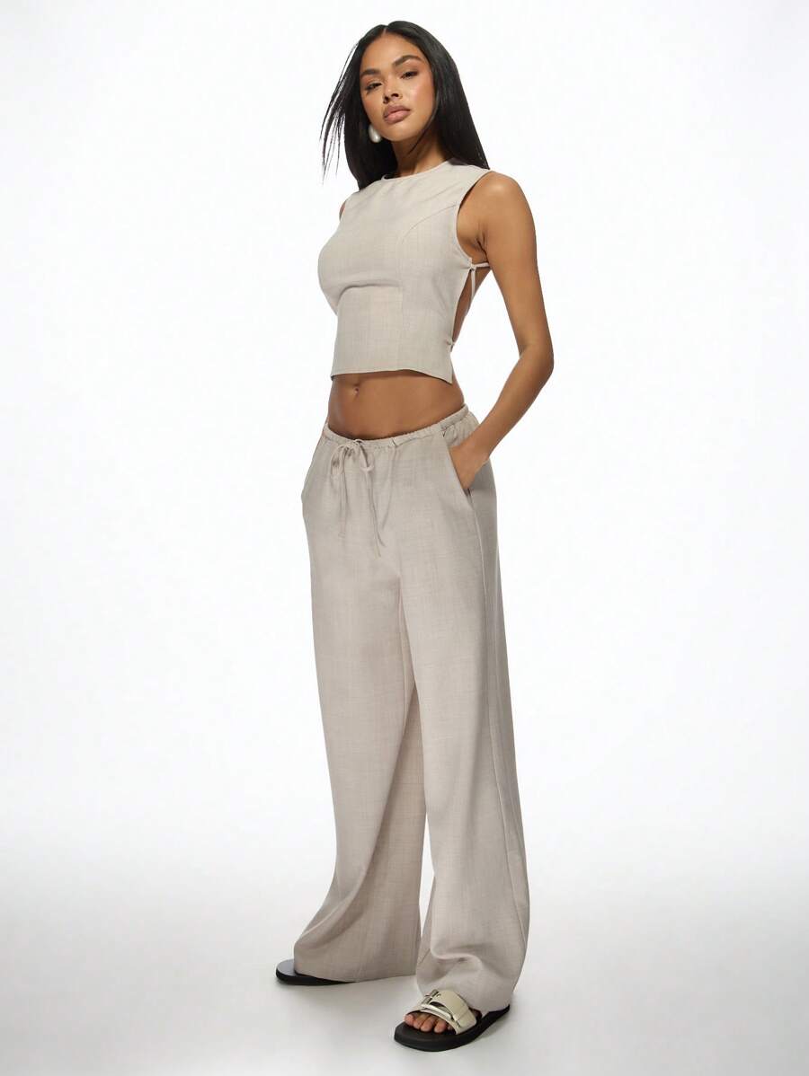 MISSGUIDED Conjunto a juego de top corto y pantalón de pierna ancha, conjunto de dos piezas para verano, playa, resort, vacaciones, ropa informal de descanso