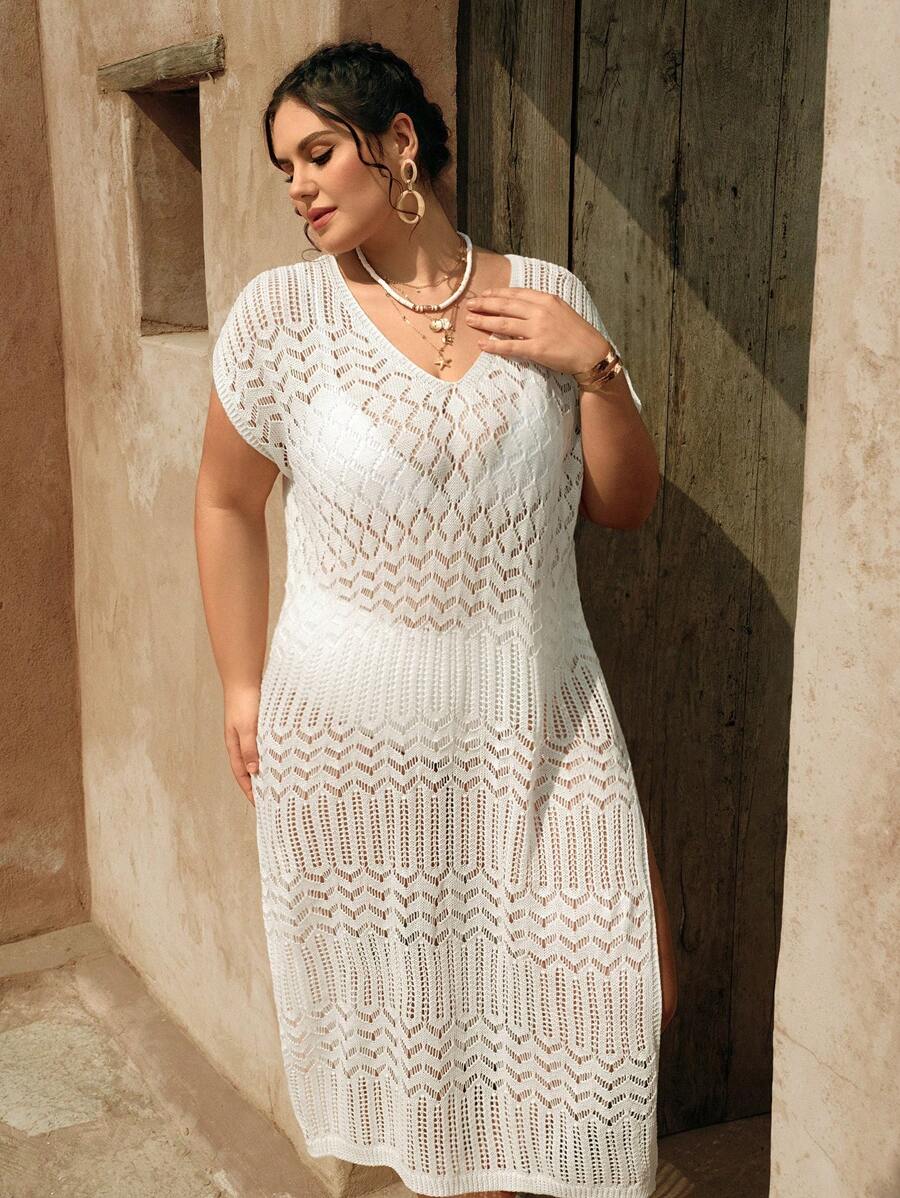SHEIN Swim Curve Plus Size Vrouwen Witte Lange Mouw Uitgeholde Gebreide Zomer Strand Vakantie Cover Up Jurk