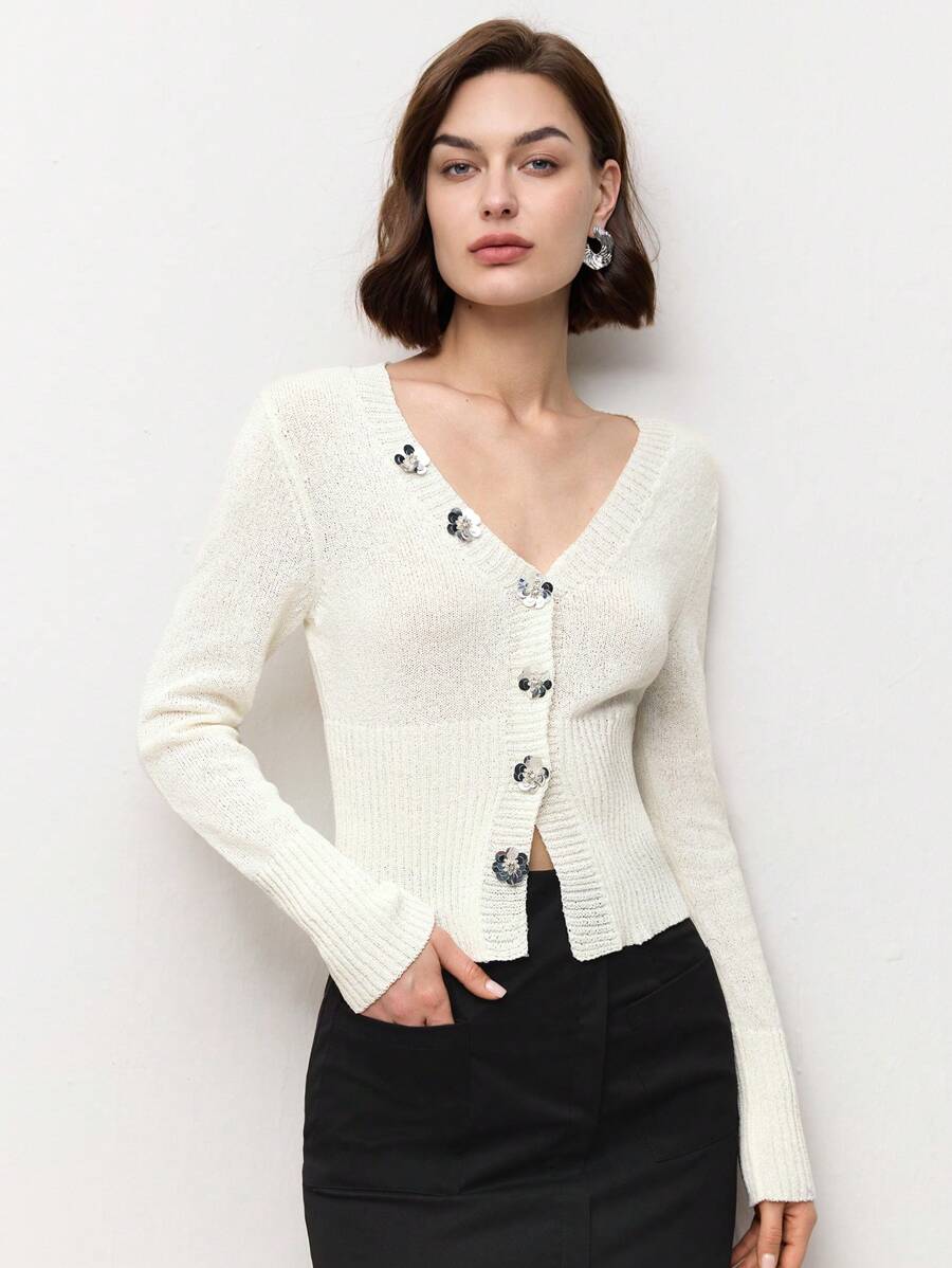 BizChic White Long Sleeve V-Neck Beaded Floral Decor Cardigan For Women, Suitable For Dates, Spring/Summer