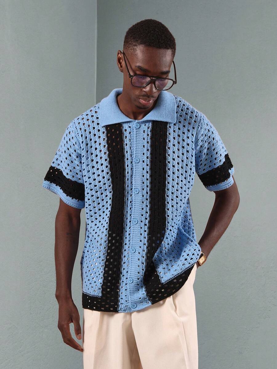 SUMWON Crochet Knit Polo Shirt Summer Beach Casual Retro Pattern Block Design Vintage Style Button Front Streetwear Resort Wear Vacation Ready Fashionable