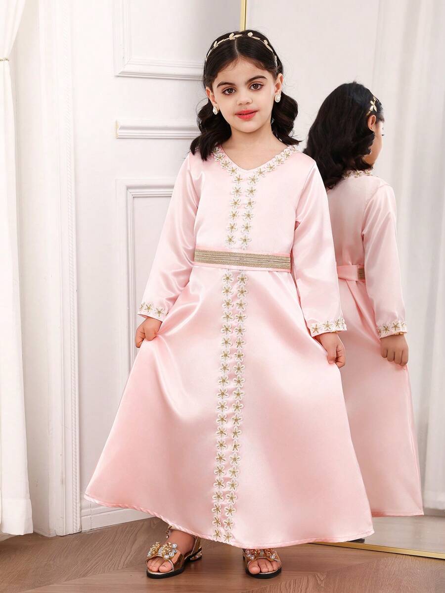 SHEIN Vestido de fiesta de manga larga de satén para niña, elegante en color rosa