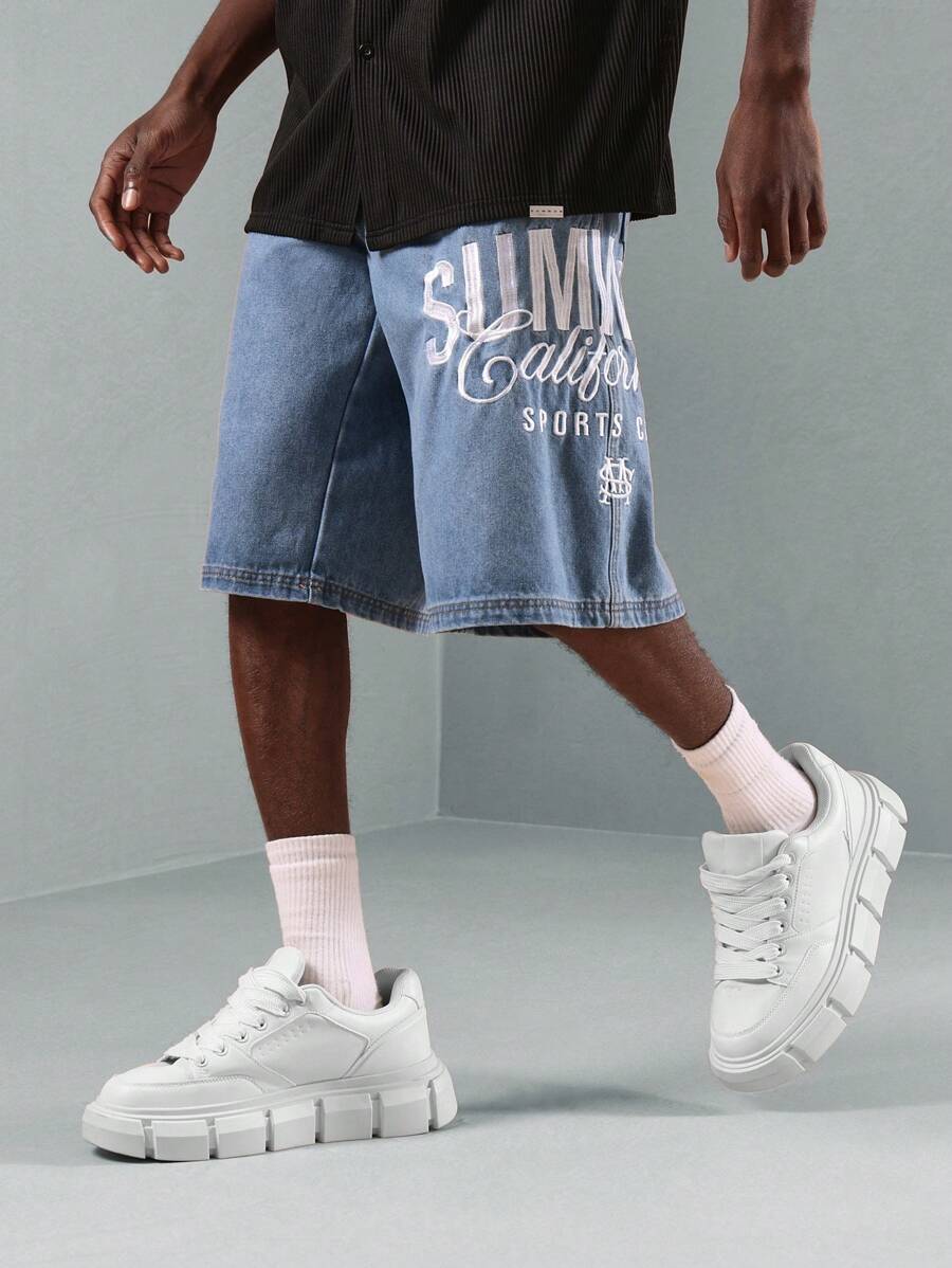 SUMWON Summer Sports Casual Denim Bermuda Shorts With California Embroidered Design, Baggy Fit Street Style Athletic Skater Casual Bottoms