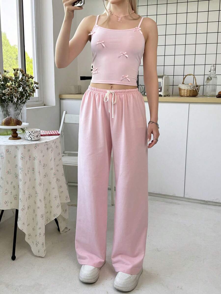 SHEIN Conjunto informal de 2 piezas de camiseta sin tirantes con lazo y pantalones, estilo Y2K para chicas adolescentes, cómodo y ajustado