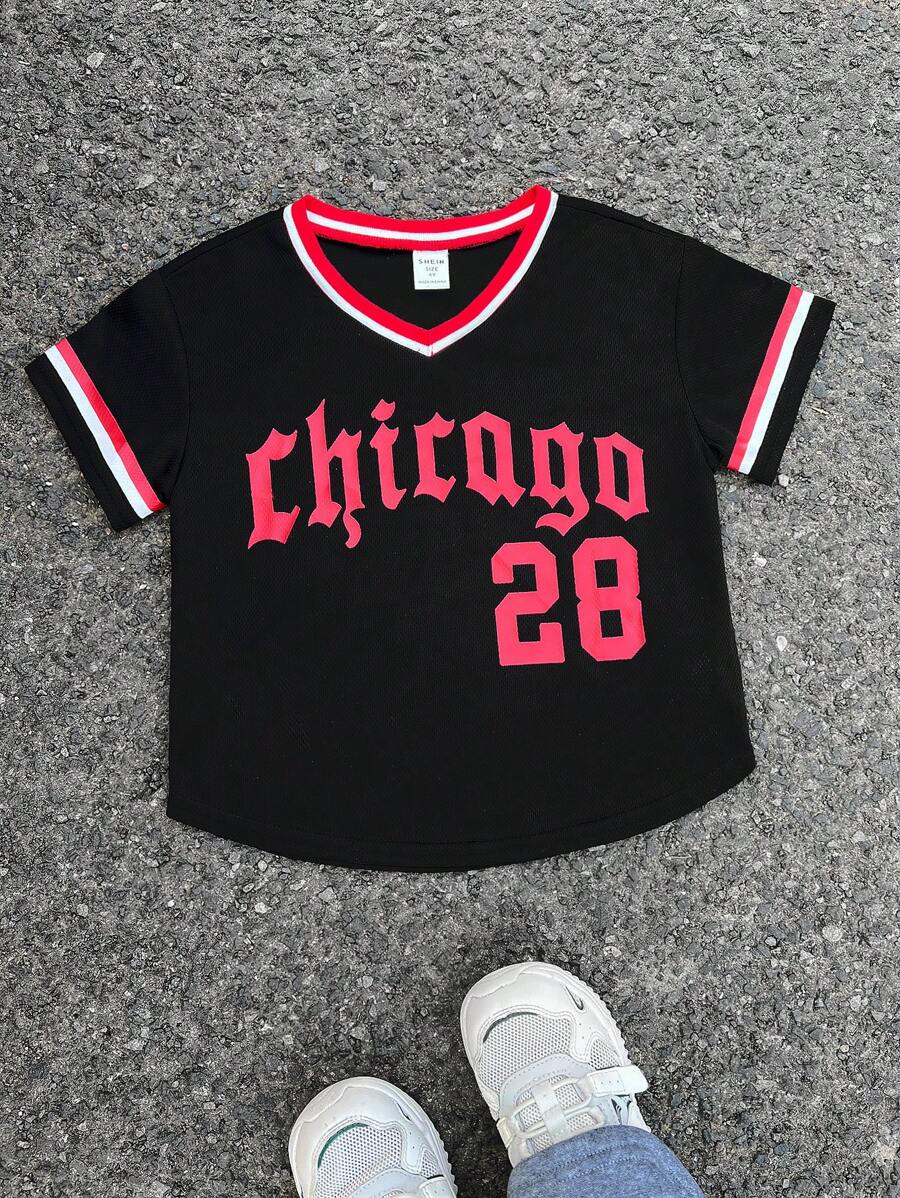Kids Summer Short Sleeve V-Neck T-Shirt With Chicago Text Graphic, Casual Sports Style Suitable For Outdoor Activities, Sports, Street Photography