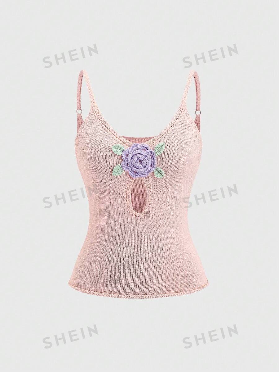 Sweetra Camiseta de tirantes de verano de mujer estilo retro dulce con diseño floral 3D tejido en rosa
