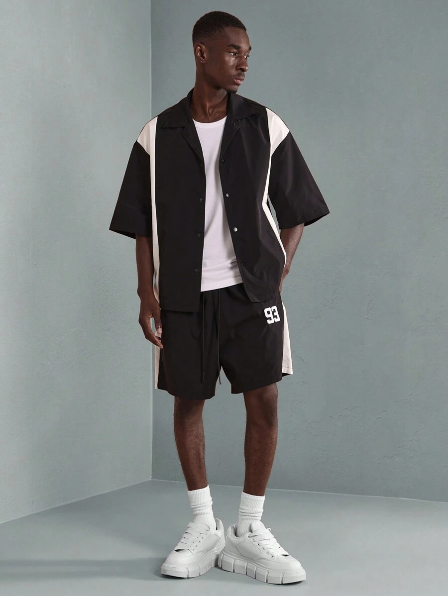 SUMWON Conjunto deportivo de chaqueta y pantalones cortos en estilo urbano relajado de bloqueo de color de nailon, con estética deportiva y de ocio para el verano