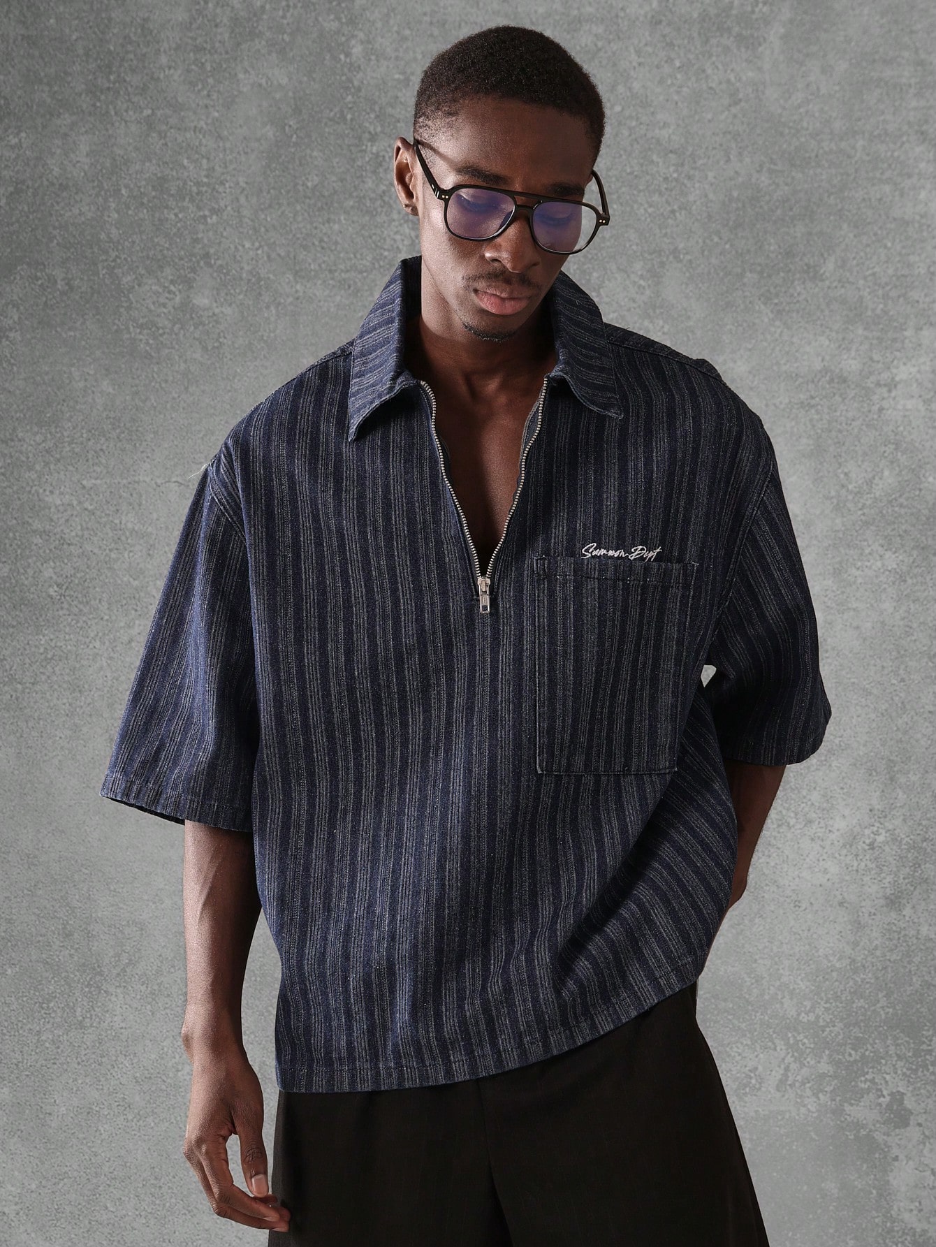 Designer Half Zip Denim Shirt Casual Oversized Streetwear